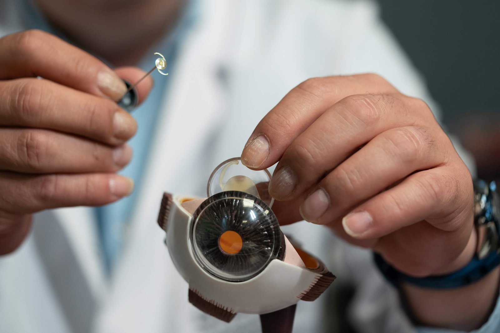 ophtalmologue montrant  la pose d'un implant de cataracte à l'aide d'une maquette d'un oeil
